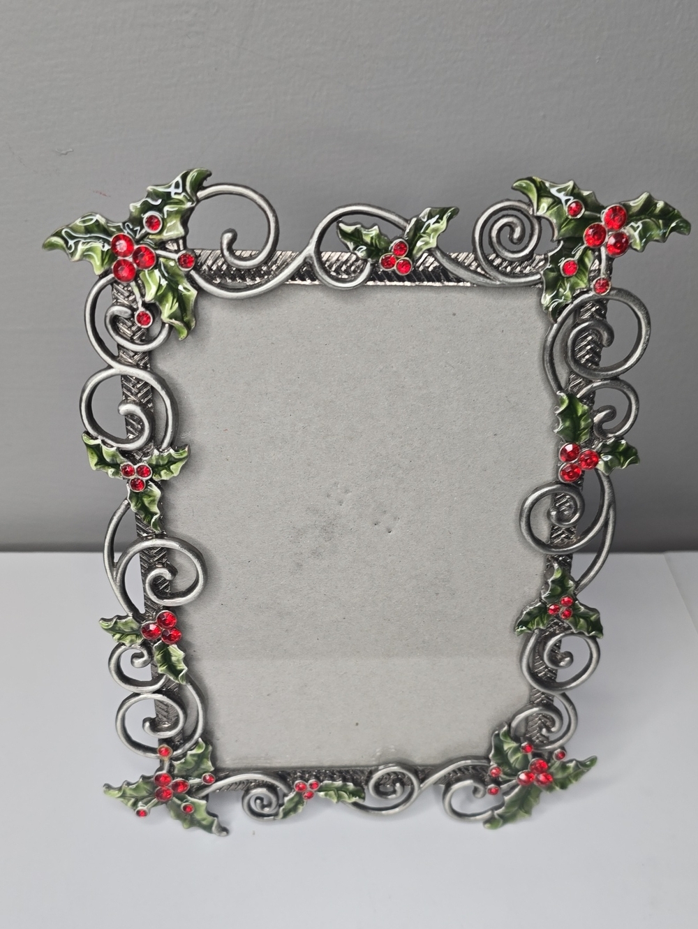 Festive Holly Metal Picture Frame in Silver with Green & Red Accents